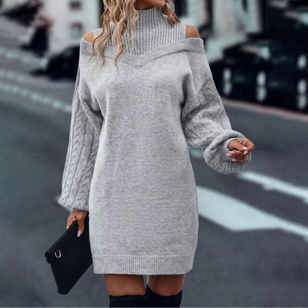 Off-the-shoulder Sweater Pullover for Autumn and Winter, New Loose Semi-high Neck Lantern Sleeve Knitted Sweater for Women