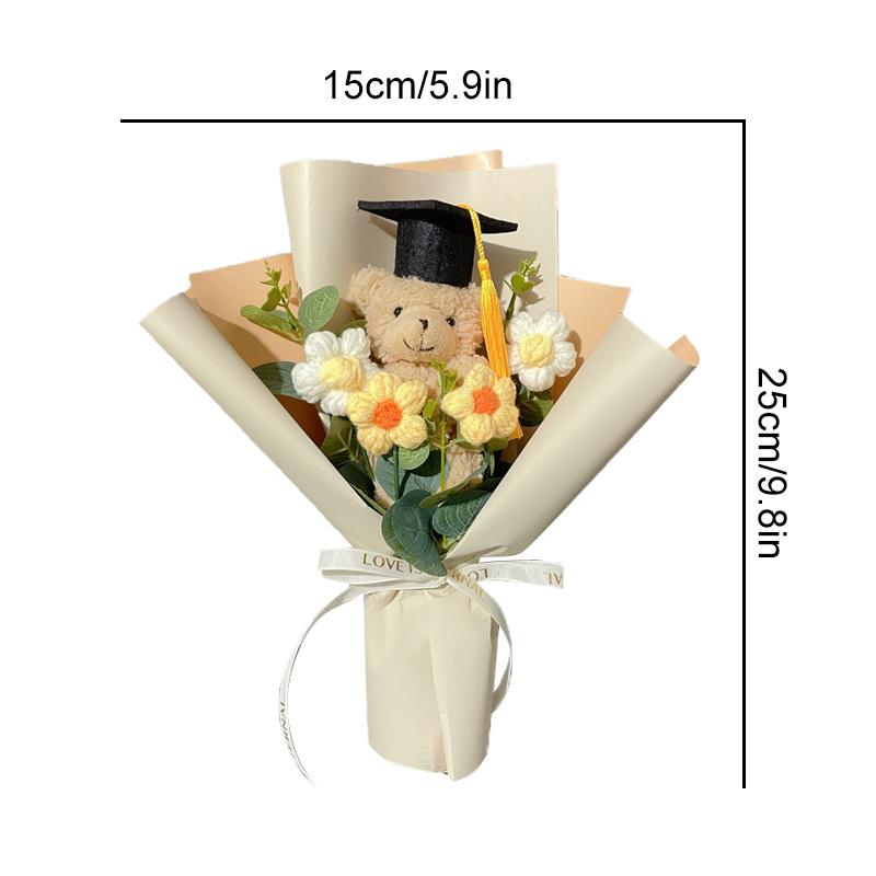 1Pc Party Decor DIY Plush Toy Mini Graduation Bouquet Student Gift Little Bear Knitted Sunflower Crochet Flower