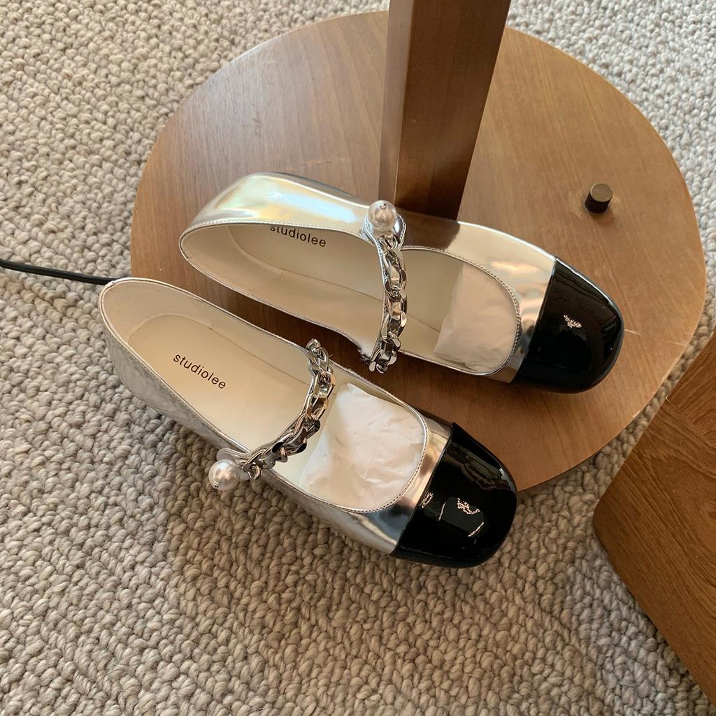 Sheepskin Version~ Grape Mother Same Leather Flat Bottom Light Mouth Color Matching Pearl Chain Commuting Mary Jane Shoes Women's Single Shoes