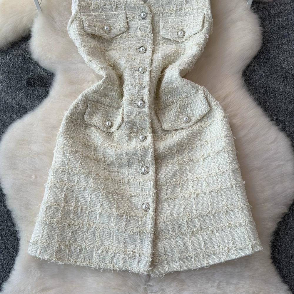 Summer Women Sweet Sleeveless Plaid Tweed Office Work Party Mini Short Vest Dresses