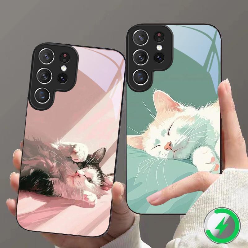 Милый белый цветок кошка Для Samsung S26 S20Ultra S21 Pro S22 Plus S23 FE S24 Ultra S25 Для Magsafe Стекло с бортиком Чехол для телефона