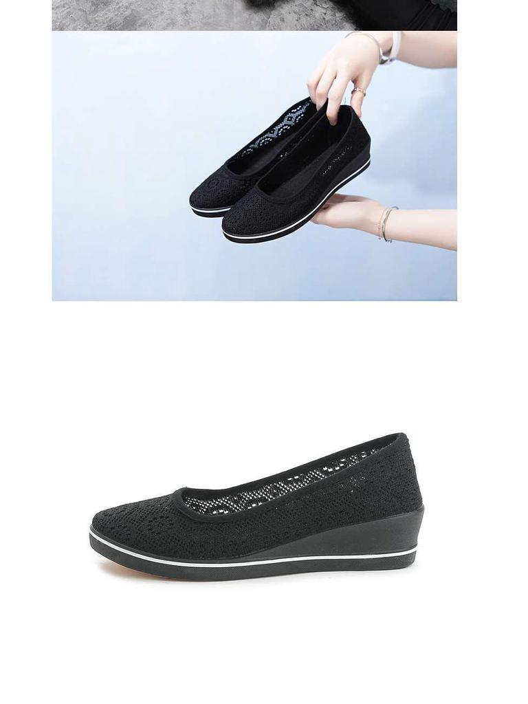 2025 New Style Women's Black Mesh One-Strap Wedge Heel Nurse Shoes, Flat Bottom with Hollow Design.
