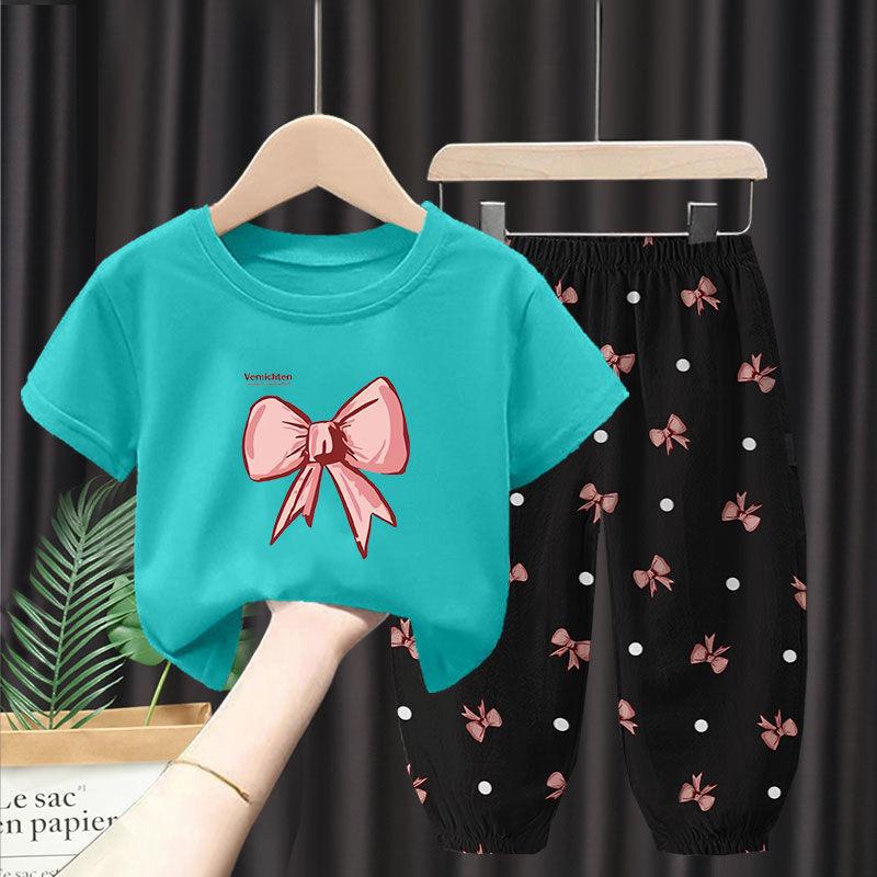 Летний комплект из 2 предметов для девочек: футболка с коротким рукавом и брюки с принтом бантика, детский костюм для одежды, детская одежда