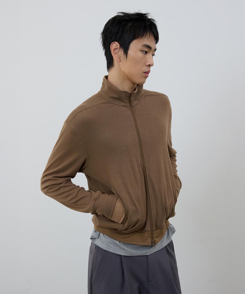 MICHIKO LONDON SPORTS Soft Jersey Layered High-Neck Zip-Up Khaki Brown