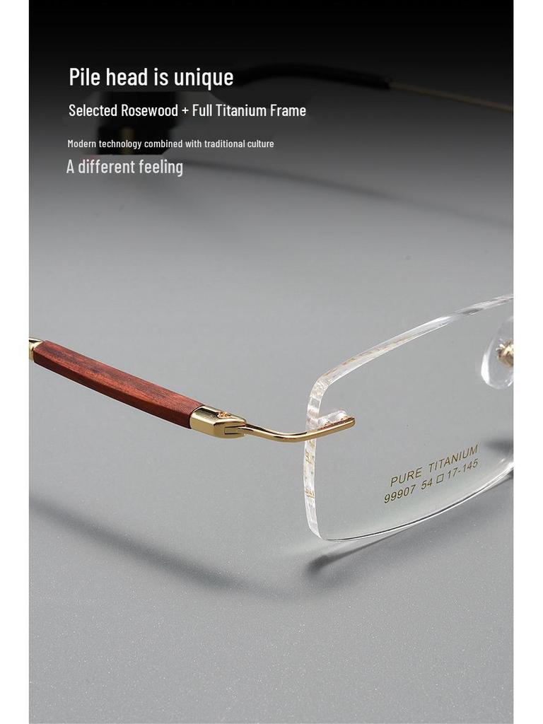 Мужские безободковые оправы для очков: Чистый титан, дужки из сандалового дерева, элегантный деловой стиль, модные очки для близорукости