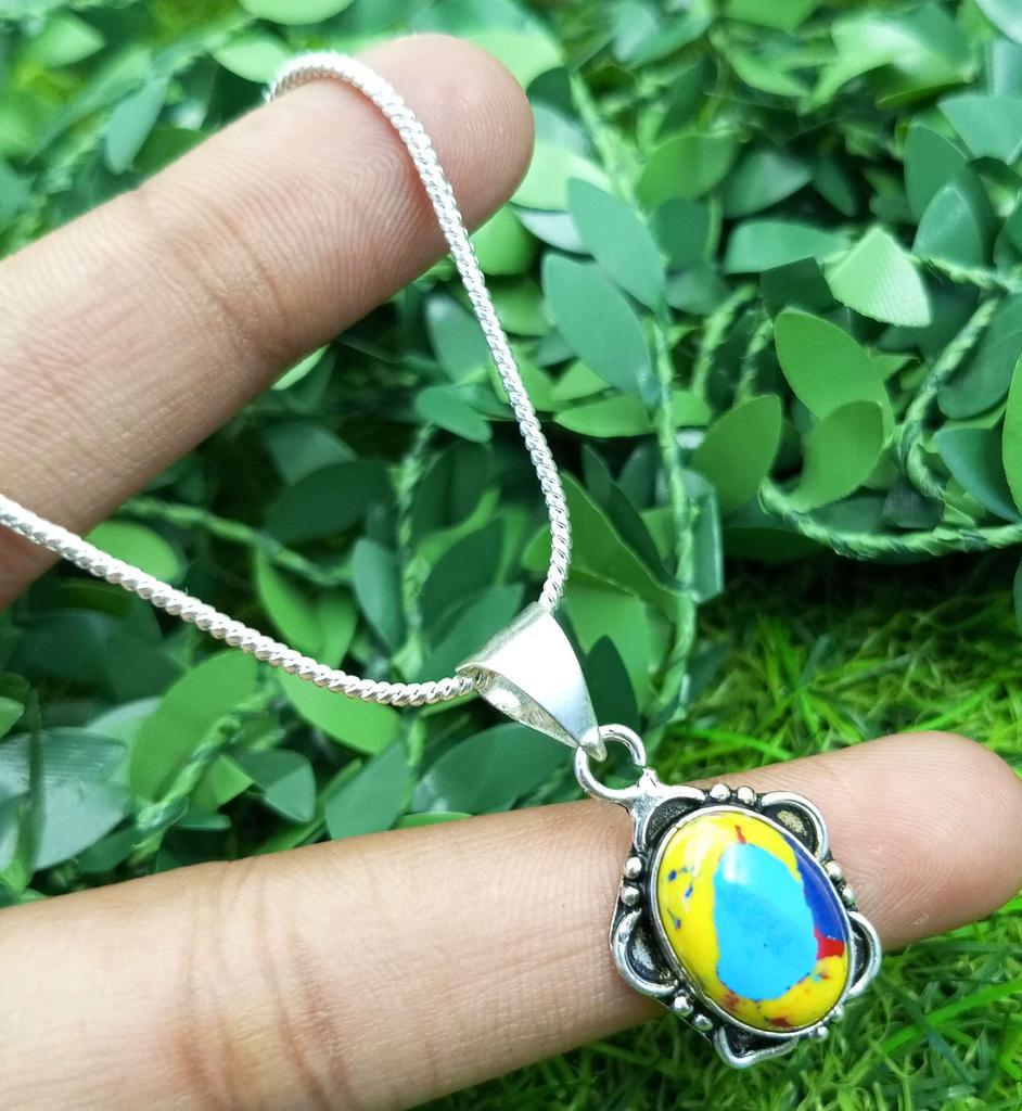 Mosaic jasper Gemstone 925 Sterling Silver Plated Necklace Chain Pendant Jewelry NST-J2H13745