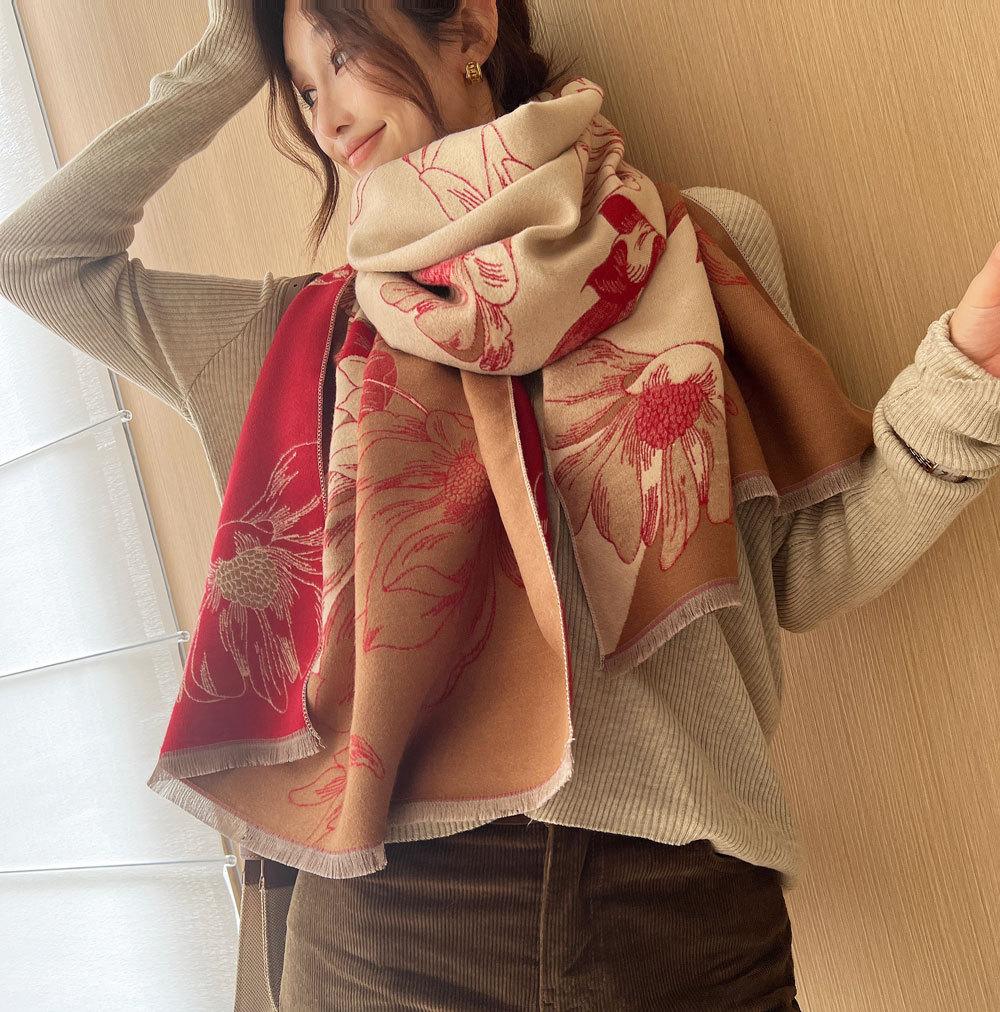 Autumn and Winter Scarf Women's Magnolia Floral Imitation Cashmere Jacquard Shawl High-end Scarf Thickened Warm Scarf