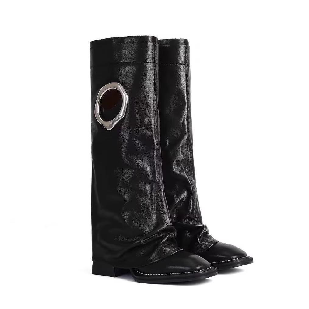 Модный бренд Мода 2025 Новые осенне-зимние ботинки с круглым носком, высокие сапоги из кожи, металлические рыцарские сапоги, сапоги с отворотом, панк-стиль