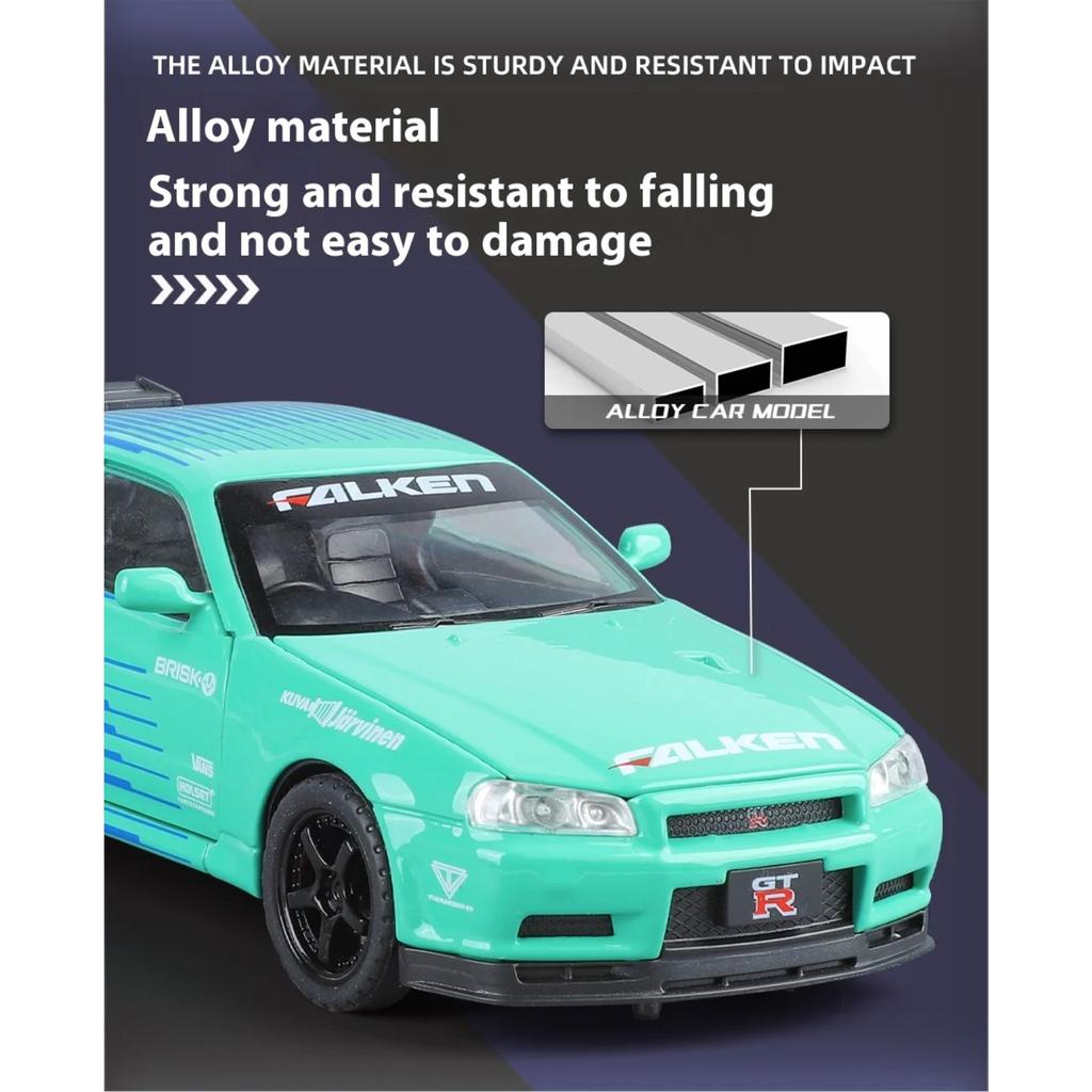 1/32 Scale Nissan GTR Skyline Alloy Car Model Wtih LED Lights and Sound Effects, Perfect Toy for Kids, Collectible Racing Car Display