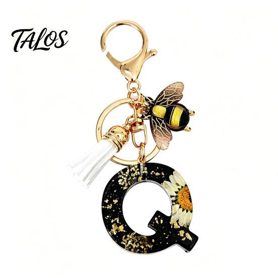 Talos Black Series Keychain Pendant, Dried Flower Initial Letter Charm Key Chain with Bee Tassel Design, A-Z Holder for Bag Purse Backpack
