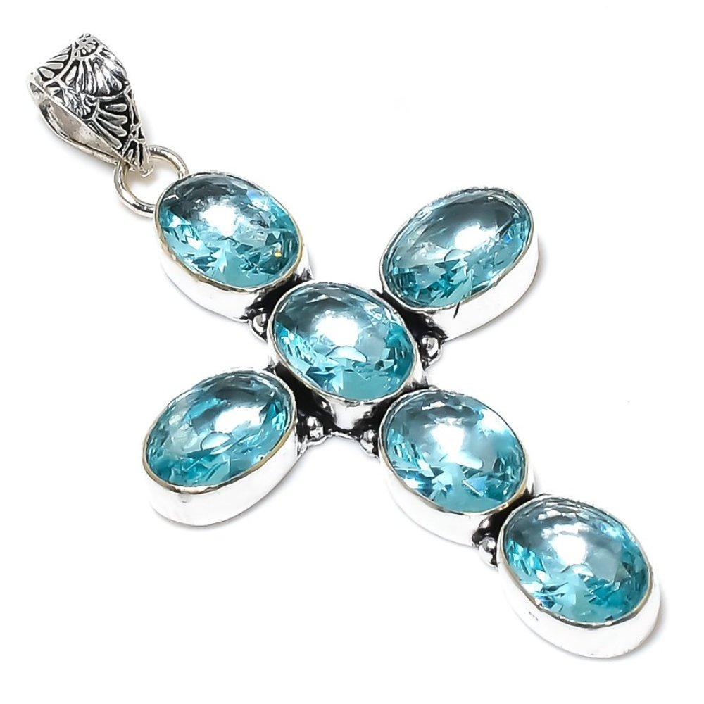 Swiss Blue Topaz Gemstone Handmade 925 Sterling Silver Pendant 2.99" U6n75