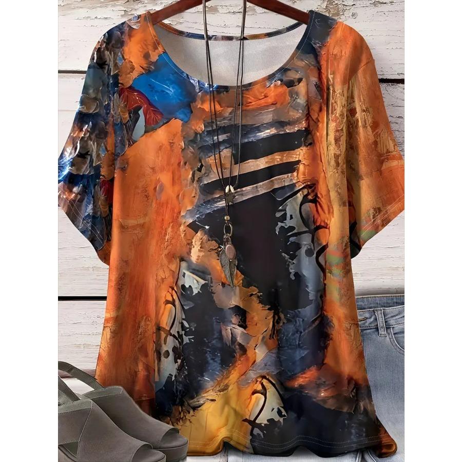 Plus Size Floral Print T-Shirt - Relaxed Fit, Vibrant Pattern, Short Sleeve, Women, Spring and Summer Outings, Womens Plus Size Clothing