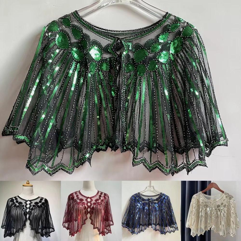 Vintage Women's Sequins Shawl Mesh Flapper Party Shawl Disfraz Evening Cape Ladies