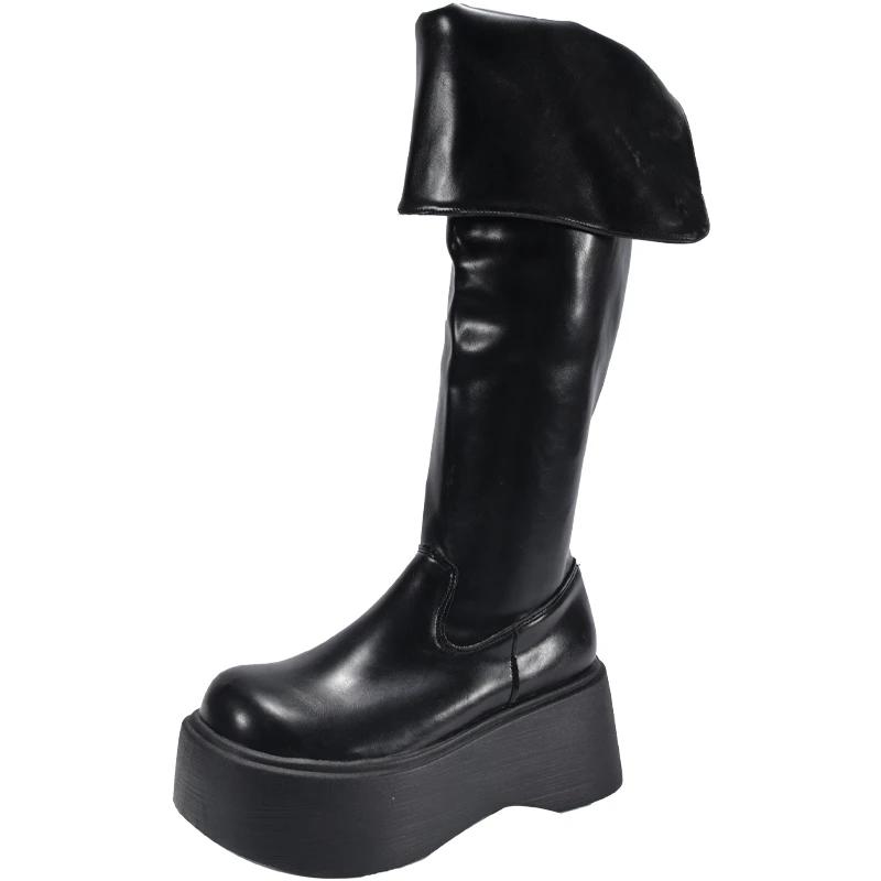 Модные туфли на платформе женские ботфорты выше колена зимние ботинки бренд Fad туфли на высоком каблуке тренд зима 2025 готическая кожаная обувь боты женские