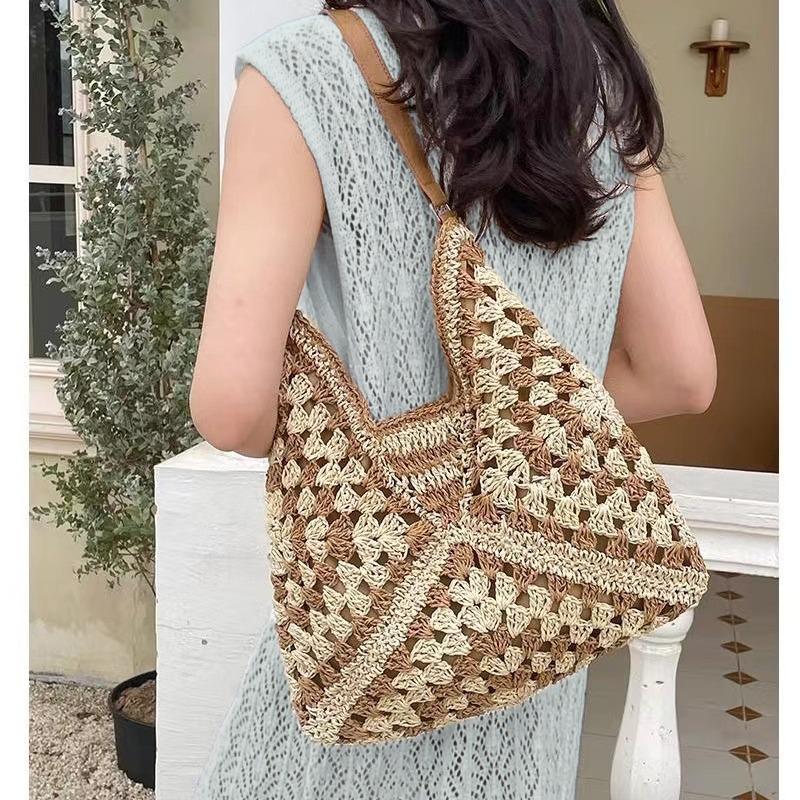 Fashionable Straw Bag: Hollow Square & Large Triangle Design, Contrast Color, Multi-way Wear Women's Crossbody & Shoulder Bag