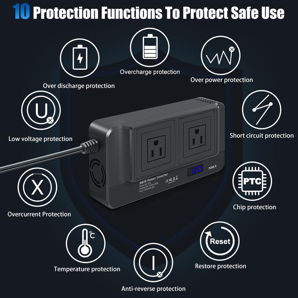 200W 12V Car Power Inverter with 2 Sockets & 4 USB Ports for Mobile Charging