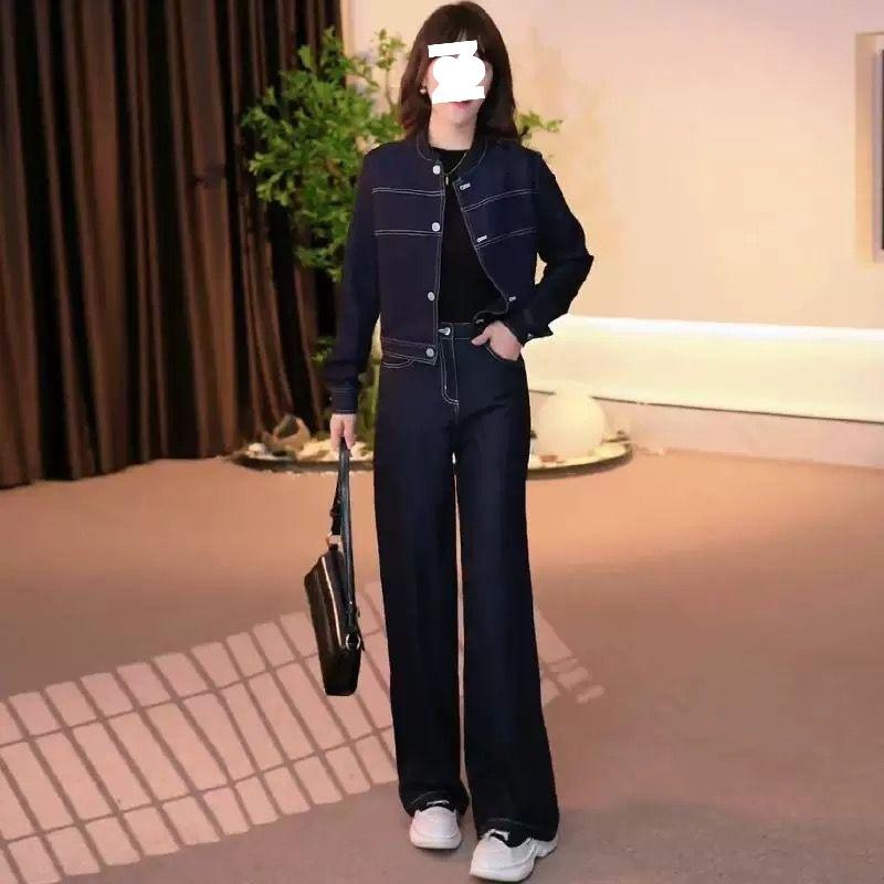 Женский джинсовый костюм для похудения, весна 2025: Стильный комплект: короткая куртка и широкие брюки