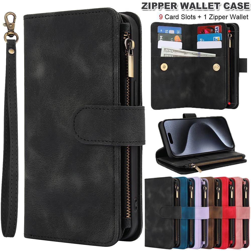 Wallet 9 Card Slots Flip Zipper Leather Case For iPhone 16 15 Plus 14 13 12 11 Pro Max XR X Samsung S24 S23 S22 S21 Ultra Plus FE A15 A55 A14 A34 A54