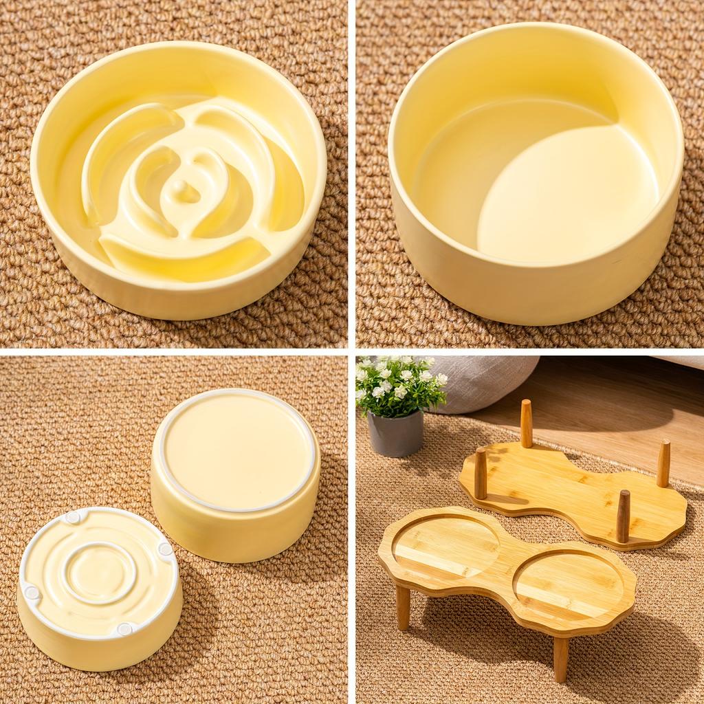Bomei Ceramic Slow Feeder Dog Bowl - Anti-Choking & Anti-Spill Double Pet Bowls with Wooden Stand