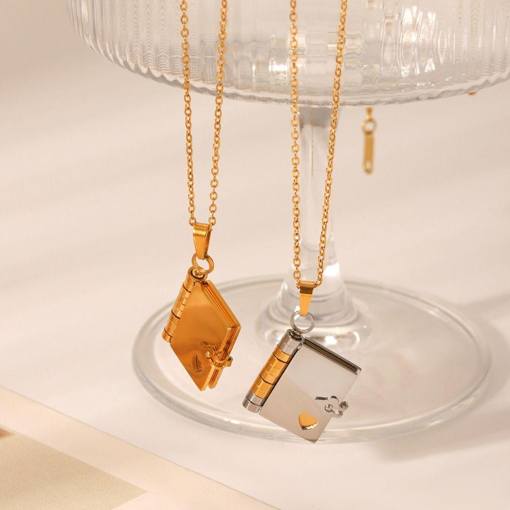 Titanium Steel Couple Book Necklace Handmade Couple Text Locket Jewelry Accessories