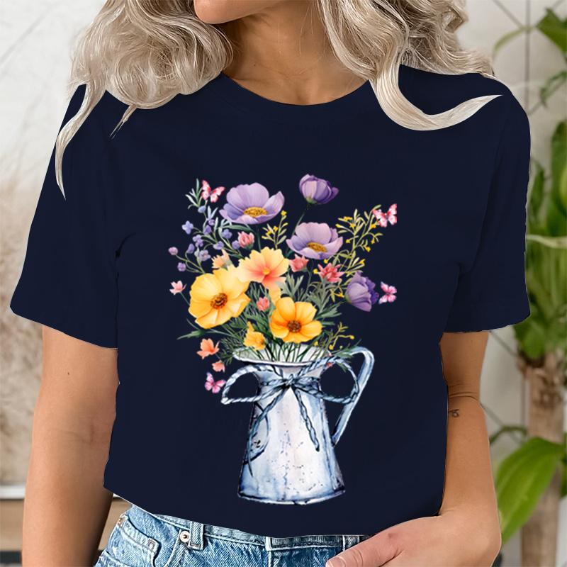 Женская футболка с винтажным принтом диких цветов и круглым вырезом, повседневные топы, летние футболки с цветочным принтом в ботаническом стиле, для любителей природы, цветочное искусство, полевые цветы