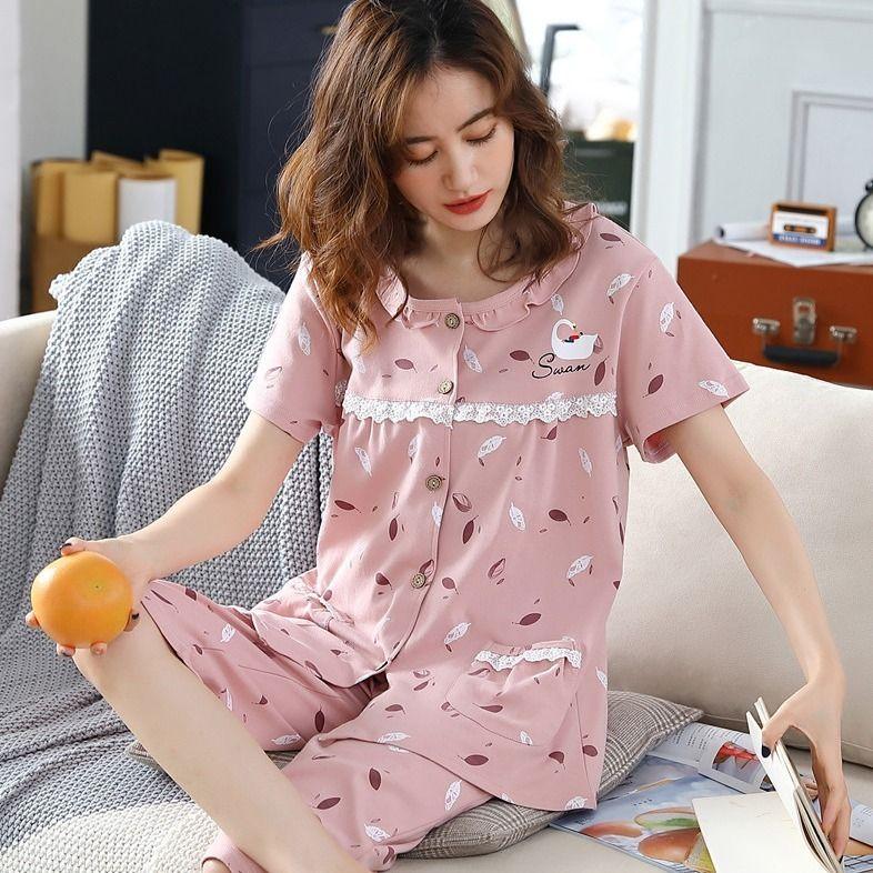 Пижамы женские, летние хлопковые капри с короткими рукавами, женский тонкий кардиган, комплект больших размеров, домашняя одежда для мам среднего возраста