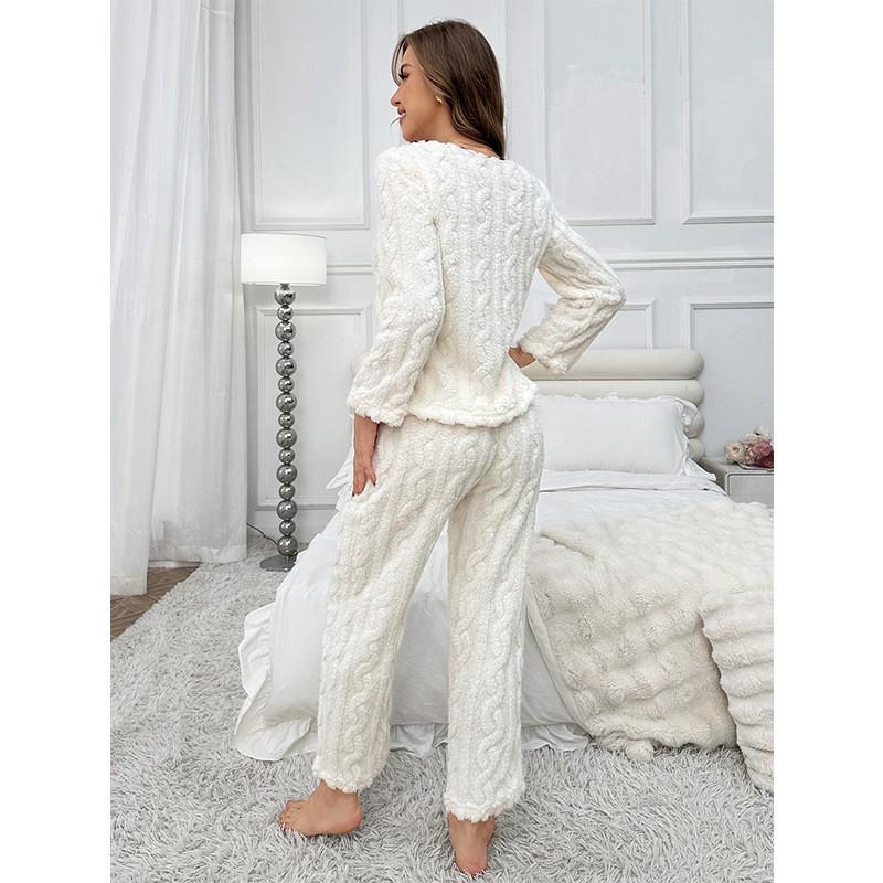 Simple Leisure Solid Colour Flannel Home Wear Pajamas Suit Striped Pajamas Women's Long Sleeve Long Trousers
