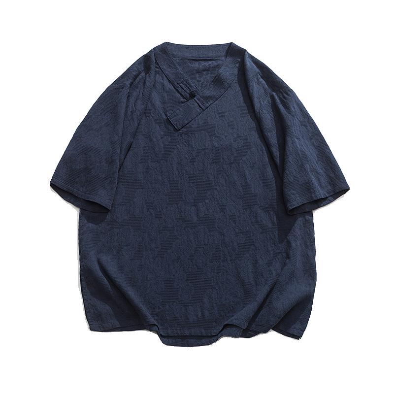 Мужская летняя футболка с коротким рукавом из хлопка и льна на пуговицах-лягушках – Большой размер в китайском стиле ханфу