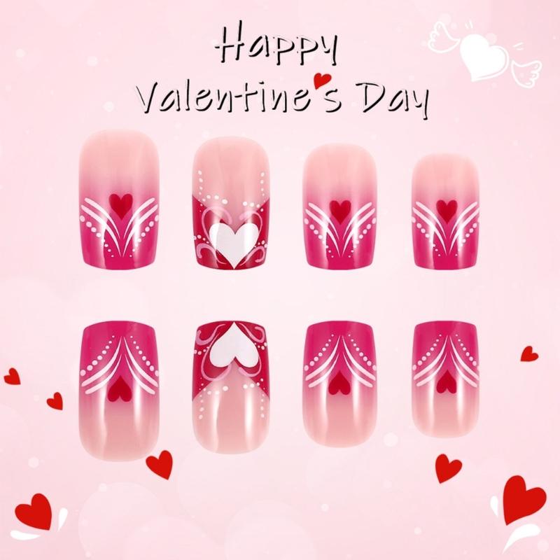 Valentine's Day Press On Nail Colorful Heart Designs Glossy False Nail Romance Acrylic Square Nail for Women 24pcs