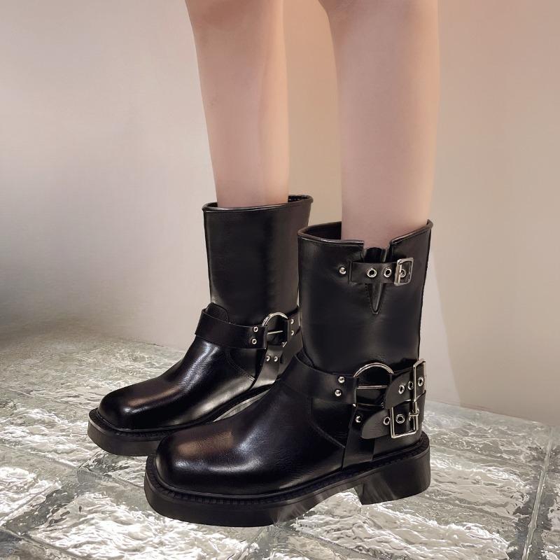 British Style Simple Black Thick Sole Knight Boots Fashion Slip On 4cm Mid Heel Belt Buckle Women Shoes Retro Fashion Short Boot