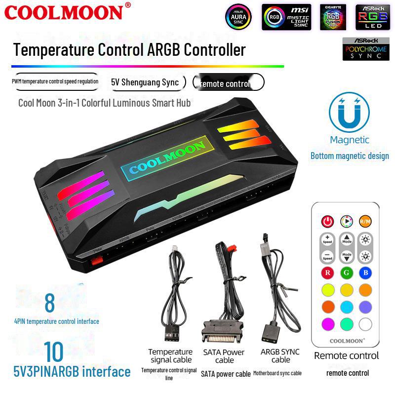 Контроллер вентилятора ARGB Sync 5 В 3-контактный с ШИМ-регулировкой температуры и беспроводным пультом дистанционного управления