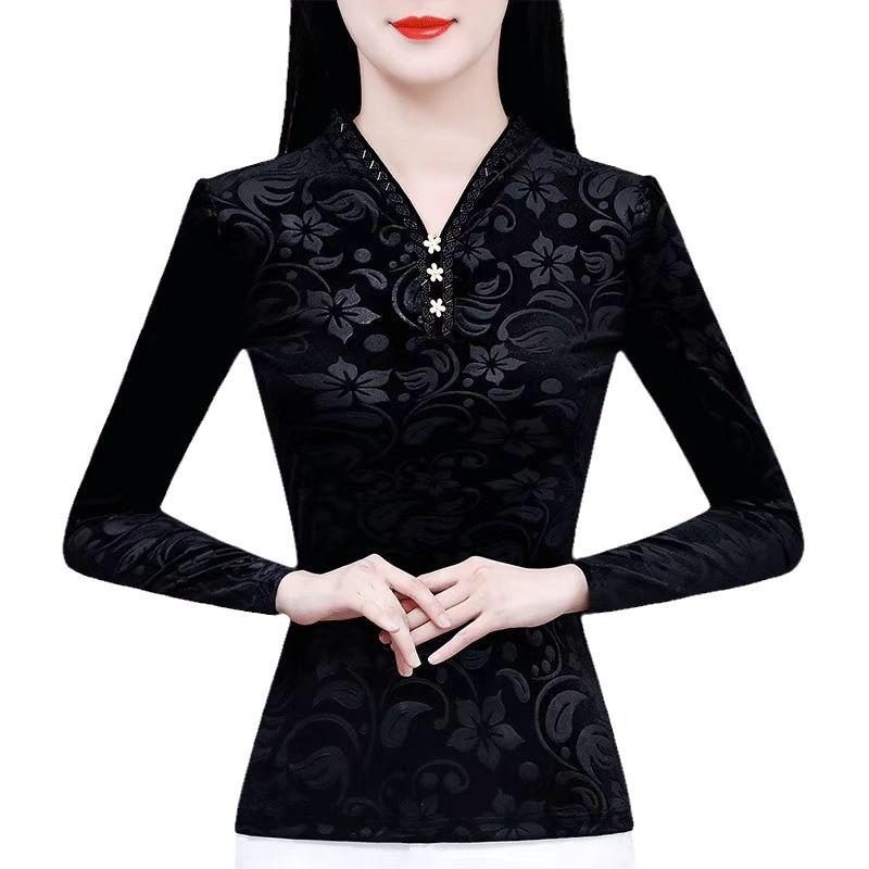 Нижняя рубашка женская новая зимняя черная тонкая рубашка темперамент длинный рукав теплая внутри с большим размером футболки верх