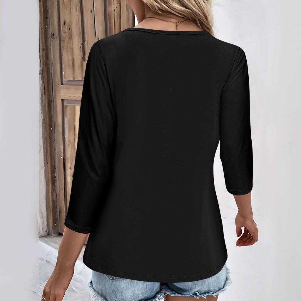 Womens 3/4 Sleeve Daily Weekend V Neck Casual Printed Tshirts Loose Fit Pleated Tees Ladies Blouse