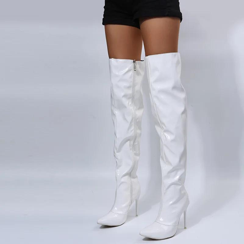 Women Boots Mirror Platform Pointy Toe High Thin Heels Over The Knee Long Boots Autumn Winter Zip Silver Casual Party Shoes New