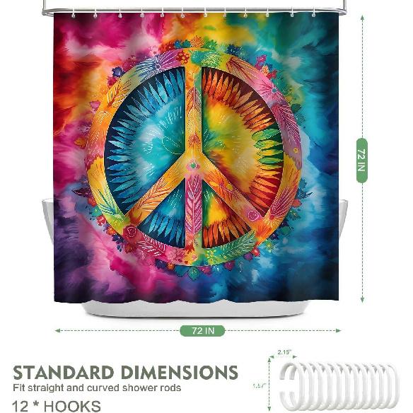 Peace Symbol Shower Curtain, 72x72 inch Polyester, Colorful Watercolor Tie Dye Hippie Peace Sign Bathroom Shower Curta Decor Set with 12 Hooks