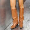 Мода 2025 Мода Высокий каблук Сапоги до колена Женские Панк Острый носок Байкерские Длинные сапоги Женские Осень Зима Искусственная кожа Botas Mujer 35-43