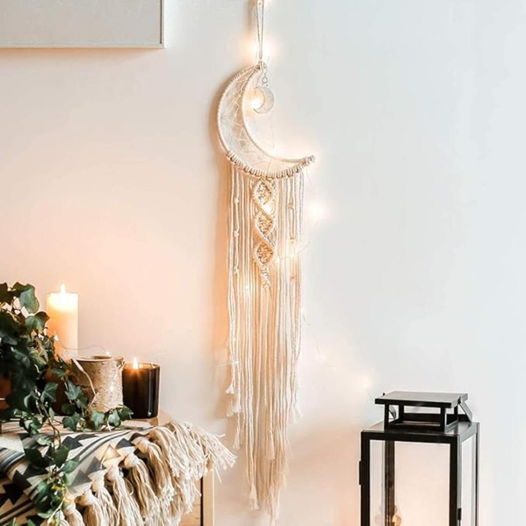 Chic Bohemian Macrame Woven Wall Hanging Moon Dream Catcher Boho Home Decor Wall Art Decor Room Decor(String Lights NOT Included)