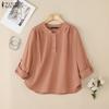 Women Casual Round Neck Adjustable Loose Long Sleeve Blouse