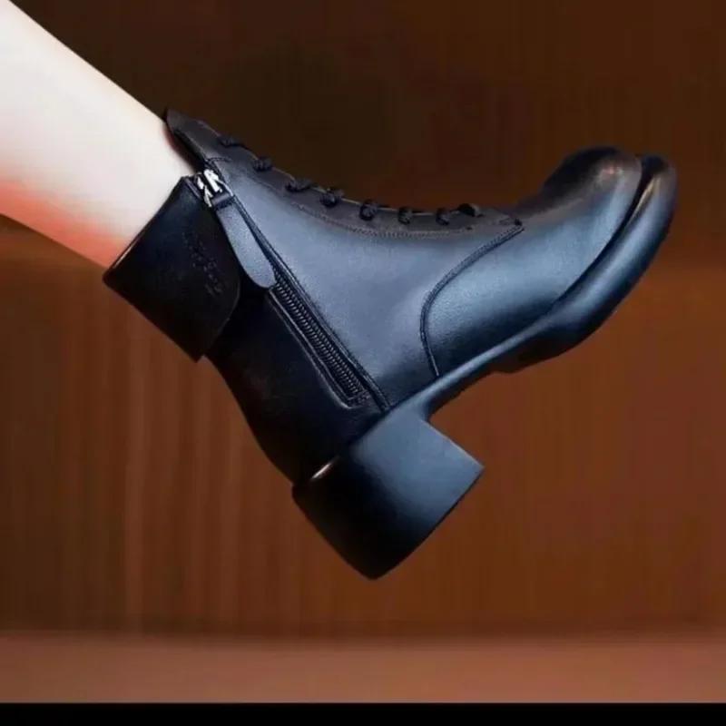 Женские сапоги Новые ретро сапоги с боковой молнией Женская обувь Однотонные ботильоны на толстом каблуке Туфли на платформе