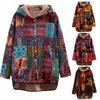 (SU)Women's Ethnic Printed Hooded Pocketed Pullover Padded Long Sleeve Medium Length Jacket