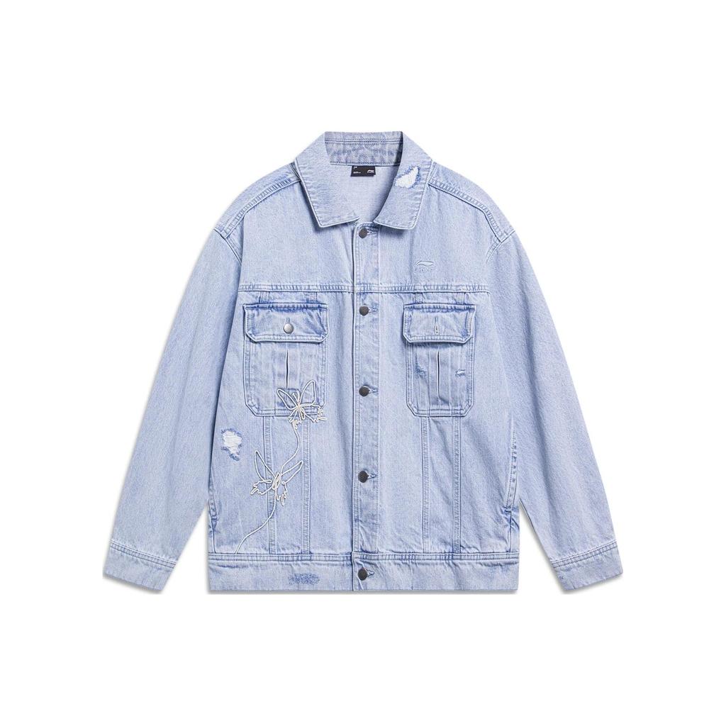Li-Ning Letter Single Button Pocket Denim Jacket Men Outerwear Blue AJDT171-1