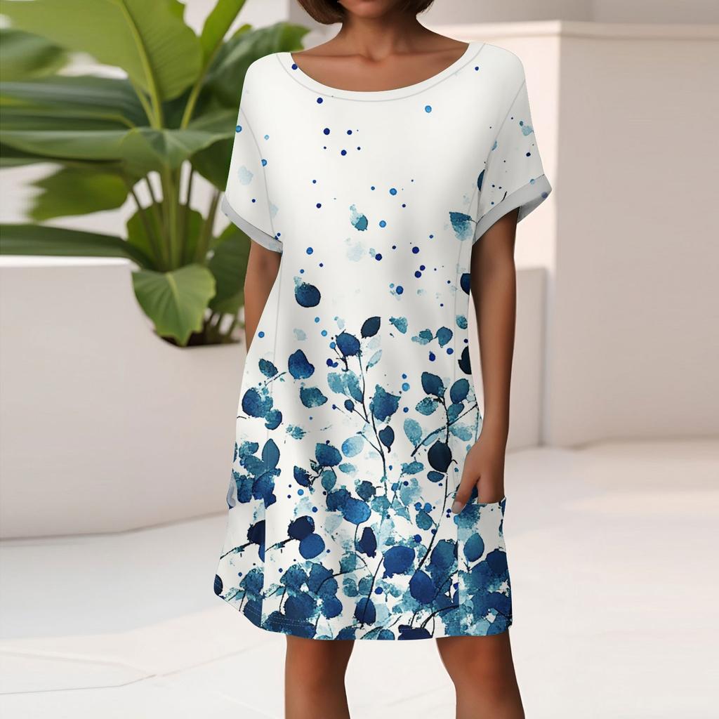 Women's Fashion Short Sleeve Dress With Pockets Floral Print Casual Beach Dress