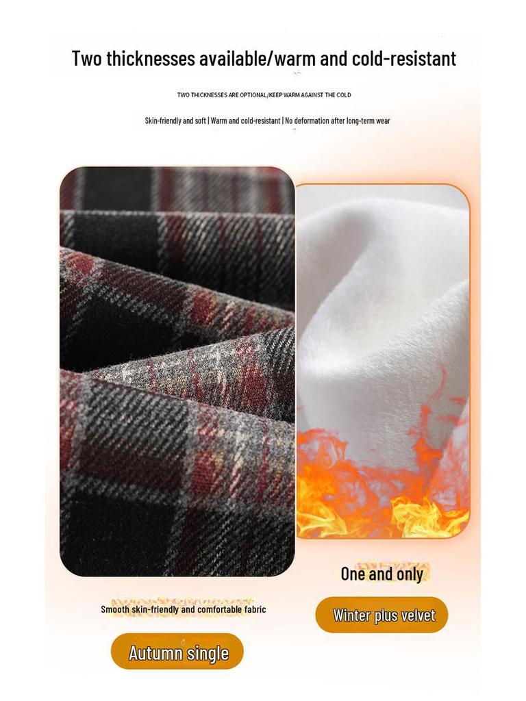 Women's Retro High-Waist Wool Plaid Pants - Contrast Color, Wide-Leg, Floor-Length, Velvet-Lined for Autumn/Winter 2024