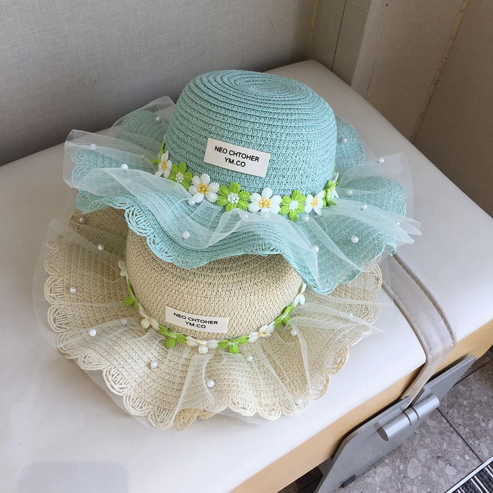 Girls Summer Straw Hat With Pearl Mesh And Bowknot Wide Brim Sun Hat For Kids Beach Princess Shade Cap