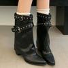 Fashion Punk Belt Buckle Pointed Toe Mid Calf Boots Women Fashion Thick Heel Wide Leg Pants Boots Woman Autumn Winter Pu Leather Botas