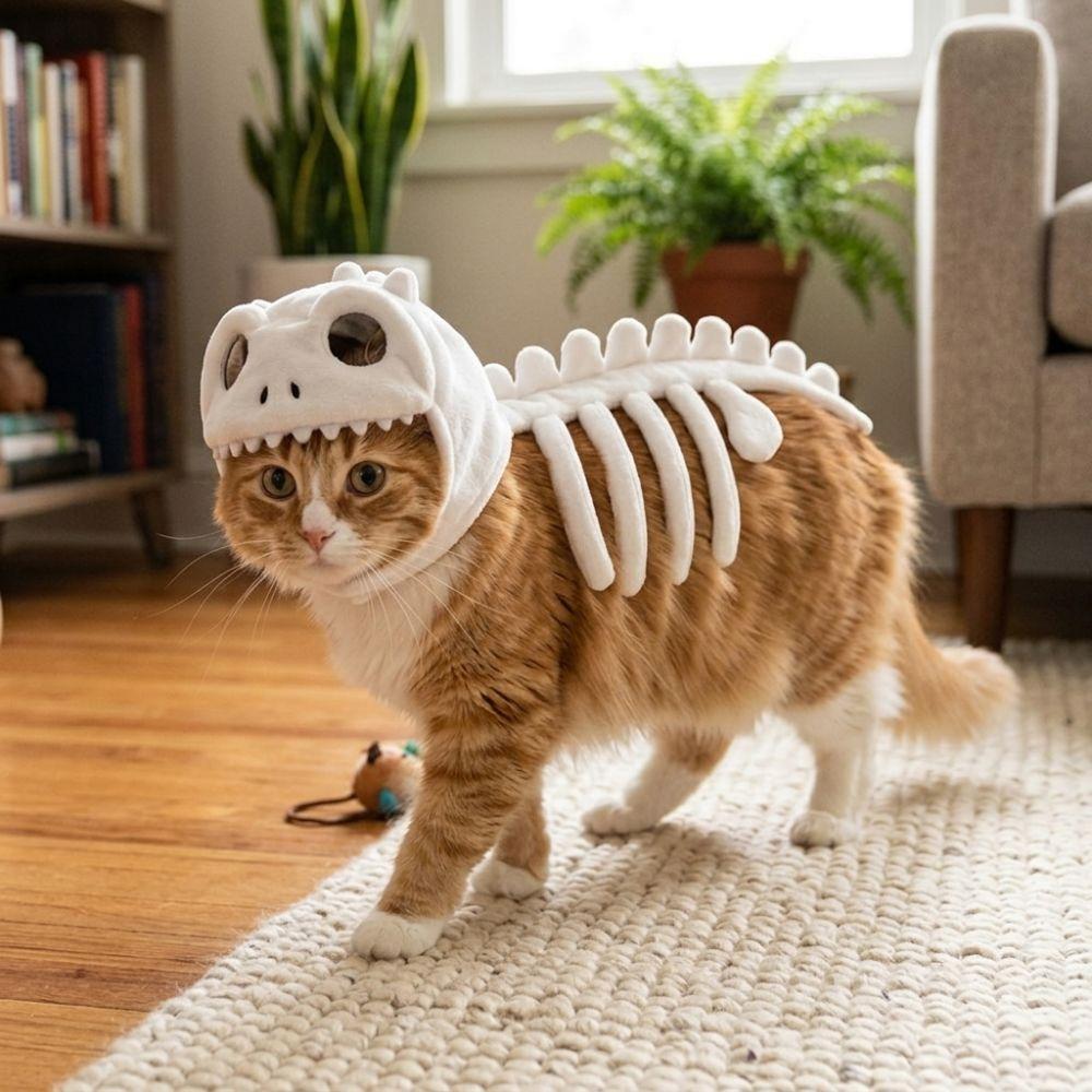 Soft Plush Halloween Cat Skeleton Hoodie Hood Outfit Pet Dino Skull Hooded Costume Cat and Dog