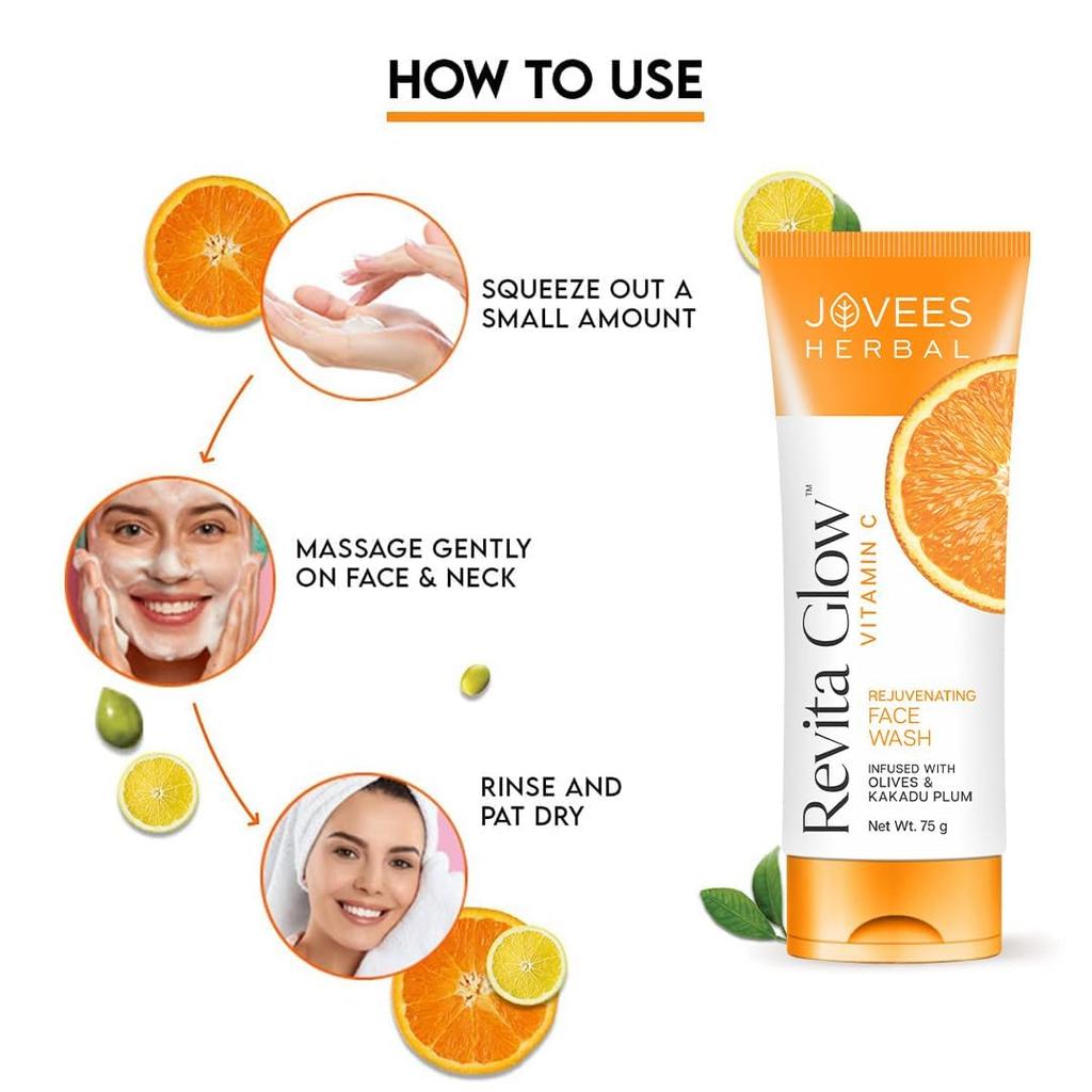 Jovees Herbal Revita Glow Vitamin C Face Wash 75g Pack Of 1 for Glowing Brightening Hydrated Skin