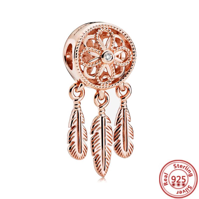 Hot Sale Rose Gold Series Pink Zircon Leaves Heart Pendant Sparkling Clip Bead Fit Charm Bracelet DIY S925 Silver Jewelry