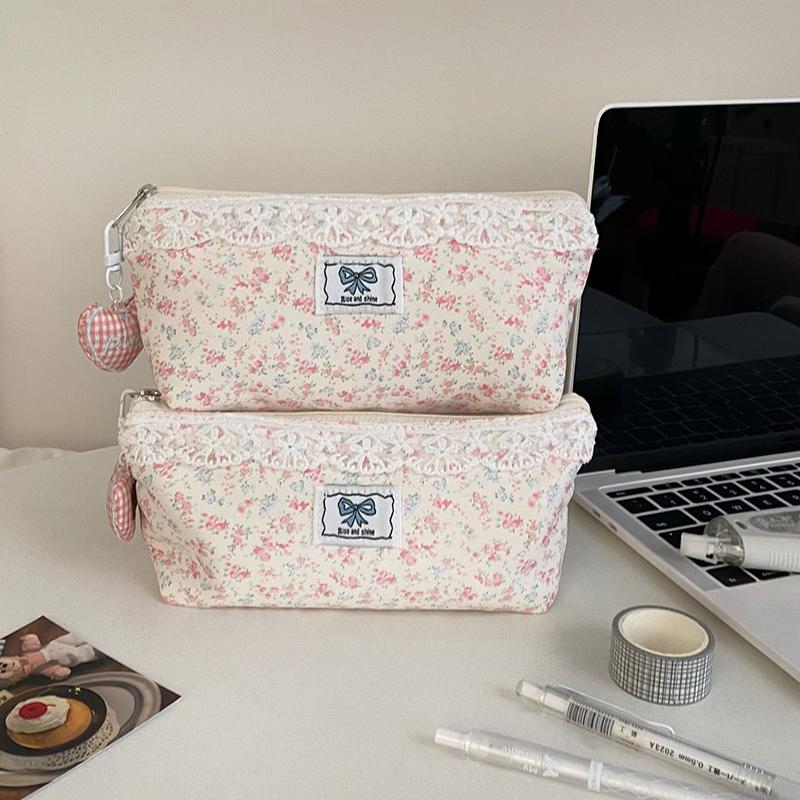 Fresh Lace Floral Design Pen Bag Large Capacity Multifunctional Stationery Bag Pencil Case Students Back To School