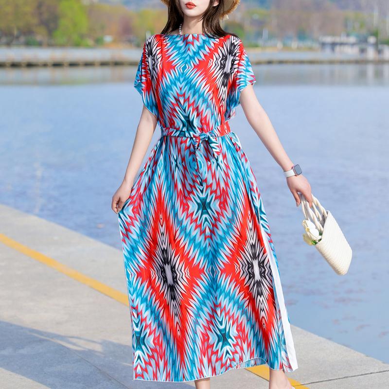 Элегантное летнее повседневное платье для женщин Винтажная одежда Короткий рукав Свободное длинное платье